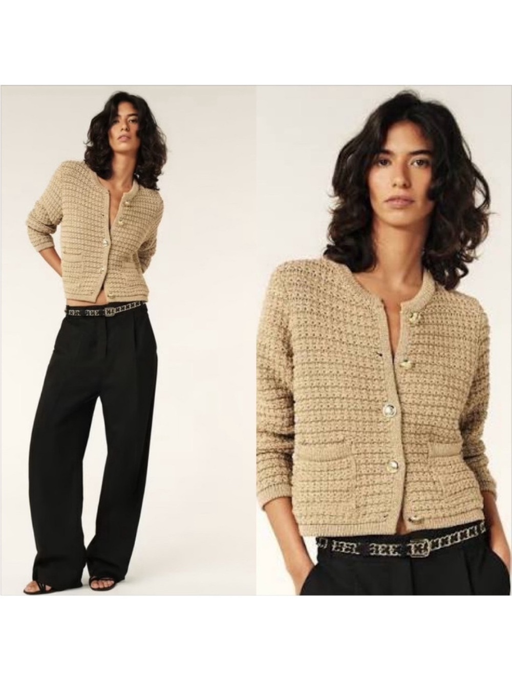 BA&SH Gold Shimmer Chunky Knit Gaspard Cardigan Sweater Lady Jacket Size XL